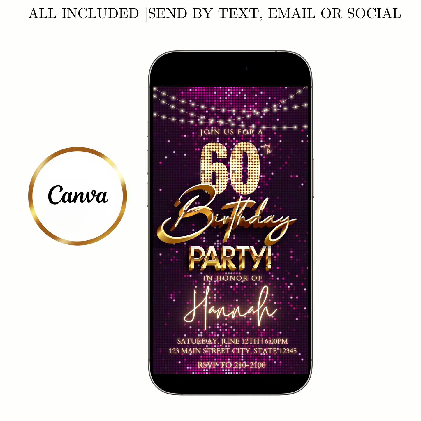 Editable violet sequin gold 60th birthday birthday video invitation displayed on a mobile phone, featuring an animated vertical digital invite with music, created in Canva. This premium video invitation template is designed for sharing by text, email, and social media and works with an interactive RSVP website for easy guest response tracking.