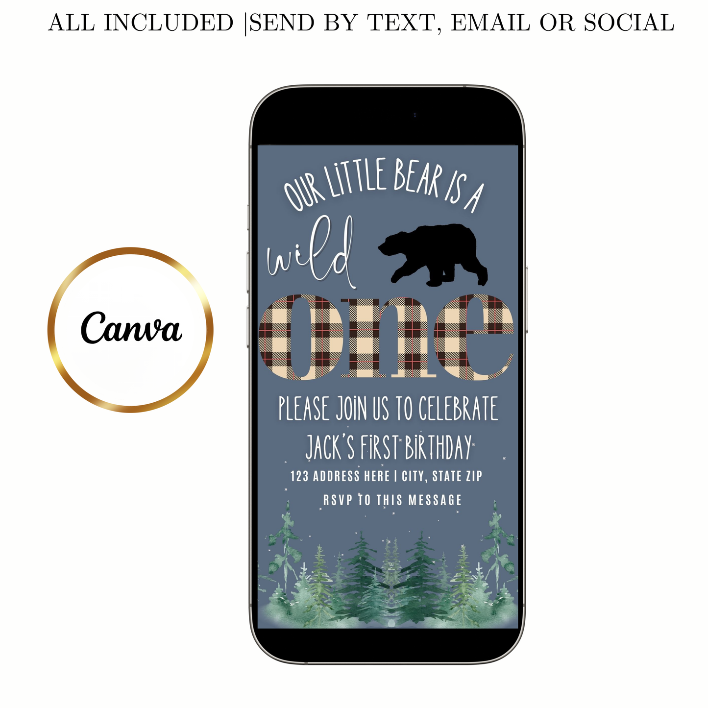 Editable wild one bear birthday birthday video invitation displayed on a mobile phone, featuring an animated vertical digital invite with music, created in Canva. This premium video invitation template is designed for sharing by text, email, and social media and works with an interactive RSVP website for easy guest response tracking.