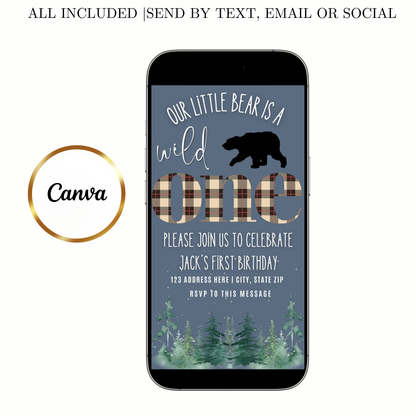 Editable wild one bear birthday birthday video invitation displayed on a mobile phone, featuring an animated vertical digital invite with music, created in Canva. This premium video invitation template is designed for sharing by text, email, and social media and works with an interactive RSVP website for easy guest response tracking.