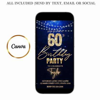 Editable royal blue gold sparkle 60th birthday birthday video invitation displayed on a mobile phone, featuring an animated vertical digital invite with music, created in Canva. This premium video invitation template is designed for sharing by text, email, and social media and works with an interactive RSVP website for easy guest response tracking.