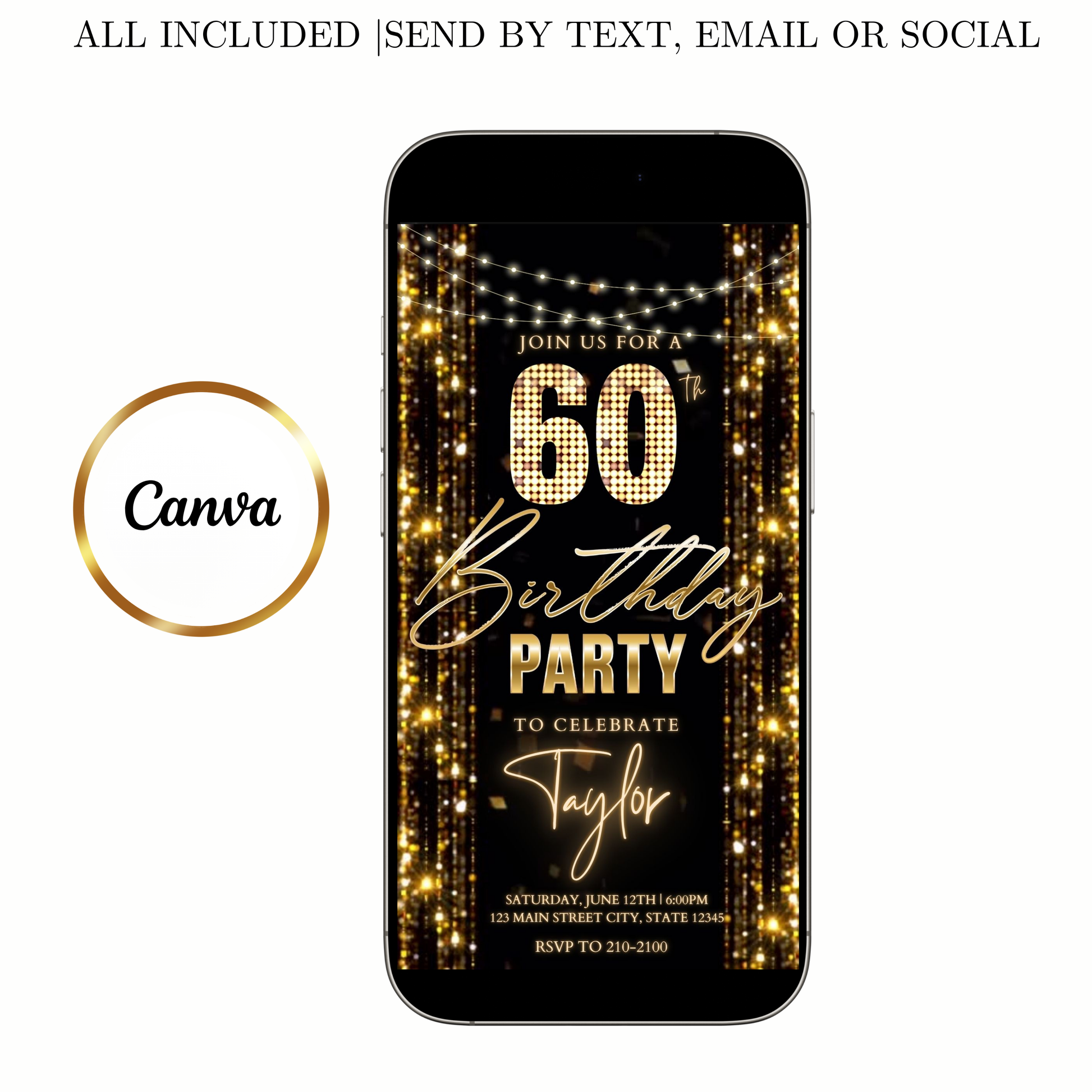 Editable gold glitter curtain 60th birthday birthday video invitation displayed on a mobile phone, featuring an animated vertical digital invite with music, created in Canva. This premium video invitation template is designed for sharing by text, email, and social media and works with an interactive RSVP website for easy guest response tracking.