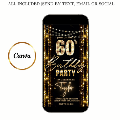 Editable gold glitter curtain 60th birthday birthday video invitation displayed on a mobile phone, featuring an animated vertical digital invite with music, created in Canva. This premium video invitation template is designed for sharing by text, email, and social media and works with an interactive RSVP website for easy guest response tracking.
