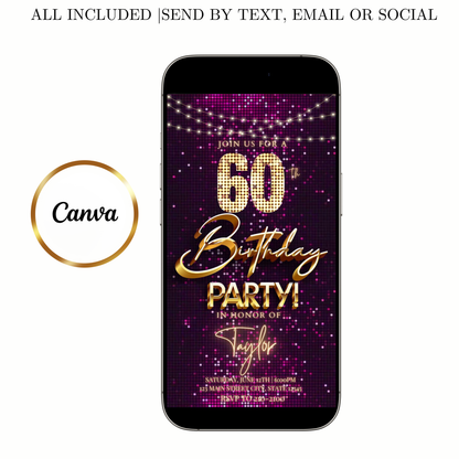 Editable violet gold sequin 60th birthday birthday video invitation displayed on a mobile phone, featuring an animated vertical digital invite with music, created in Canva. This premium video invitation template is designed for sharing by text, email, and social media and works with an interactive RSVP website for easy guest response tracking.