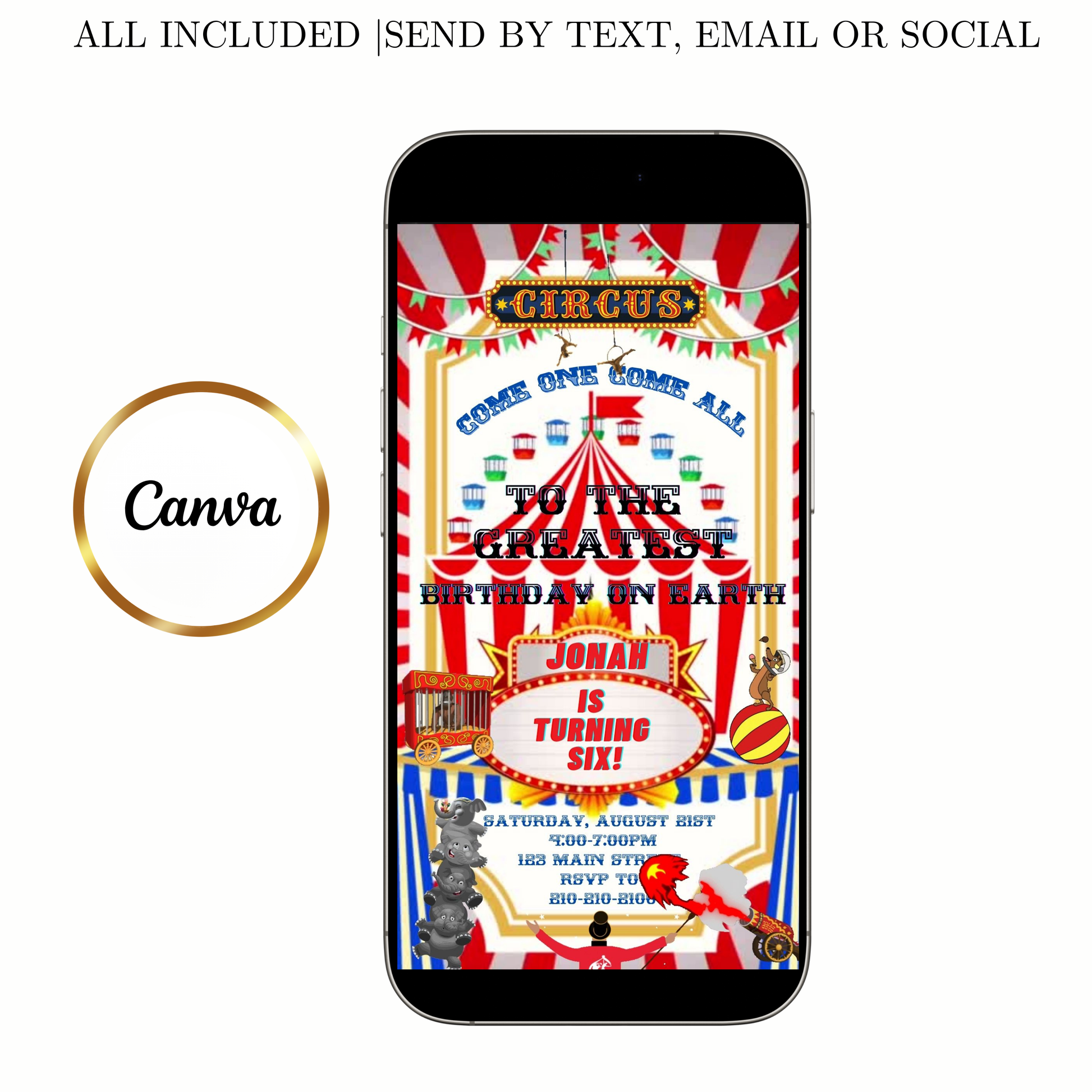 Editable red circus 6th birthday birthday video invitation displayed on a mobile phone, featuring an animated vertical digital invite with music, created in Canva. This premium video invitation template is designed for sharing by text, email, and social media and works with an interactive RSVP website for easy guest response tracking.