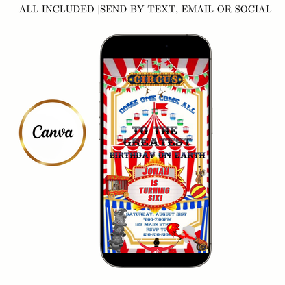 Editable red circus 6th birthday birthday video invitation displayed on a mobile phone, featuring an animated vertical digital invite with music, created in Canva. This premium video invitation template is designed for sharing by text, email, and social media and works with an interactive RSVP website for easy guest response tracking.