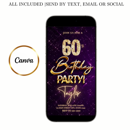 Editable purple gold elegant 60th birthday birthday video invitation displayed on a mobile phone, featuring an animated vertical digital invite with music, created in Canva. This premium video invitation template is designed for sharing by text, email, and social media and works with an interactive RSVP website for easy guest response tracking.
