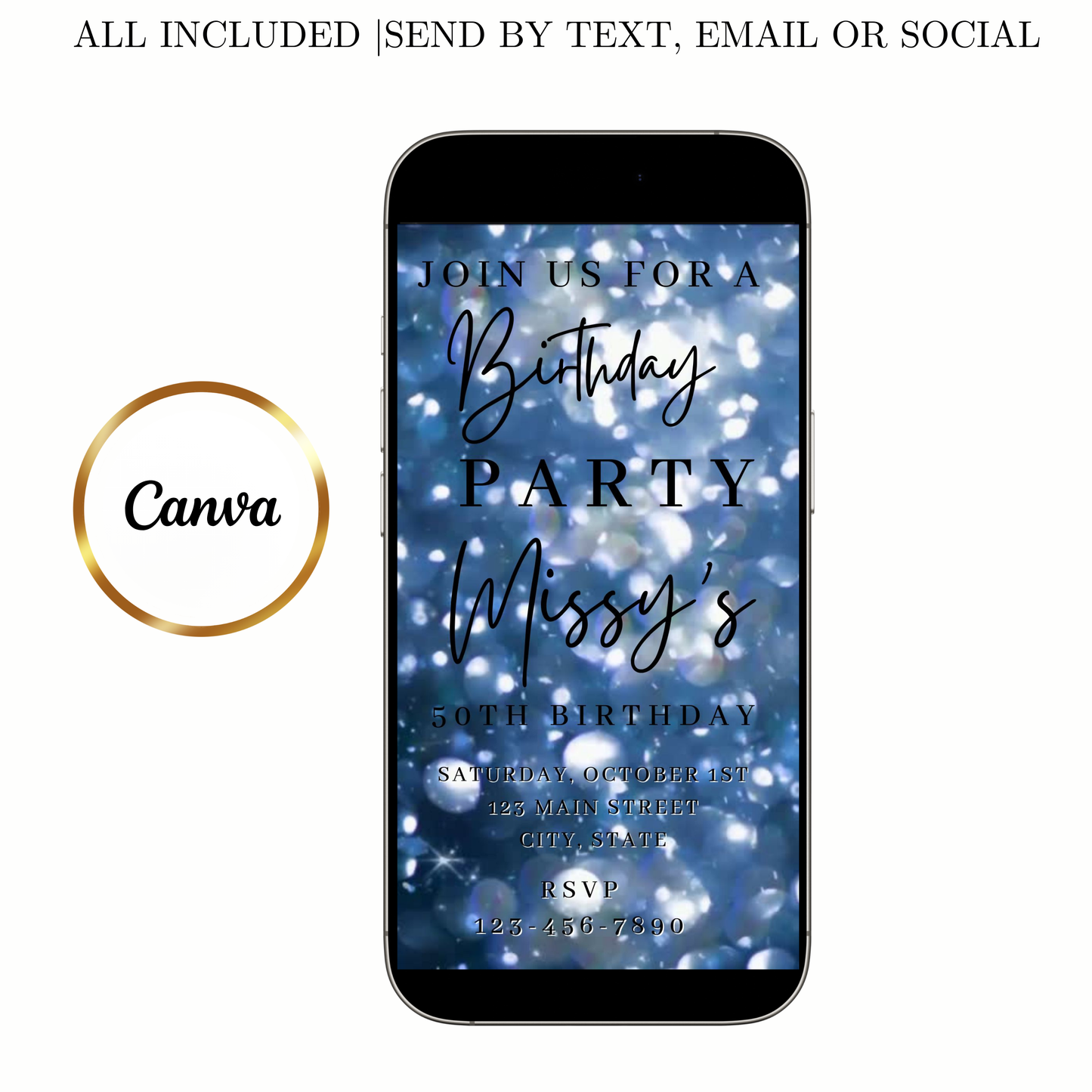 Editable blue bokeh 50th birthday birthday video invitation displayed on a mobile phone, featuring an animated vertical digital invite with music, created in Canva. This premium video invitation template is designed for sharing by text, email, and social media and works with an interactive RSVP website for easy guest response tracking.