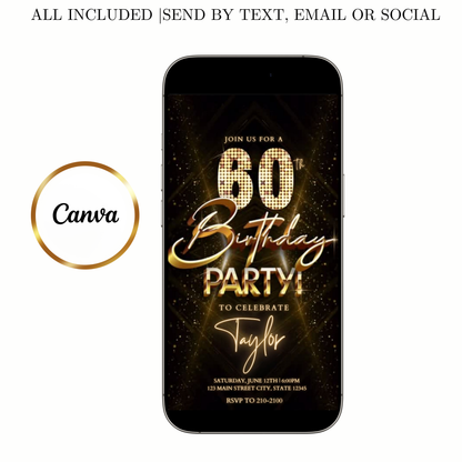 Editable luxury gold spotlight 60th birthday birthday video invitation displayed on a mobile phone, featuring an animated vertical digital invite with music, created in Canva. This premium video invitation template is designed for sharing by text, email, and social media and works with an interactive RSVP website for easy guest response tracking.