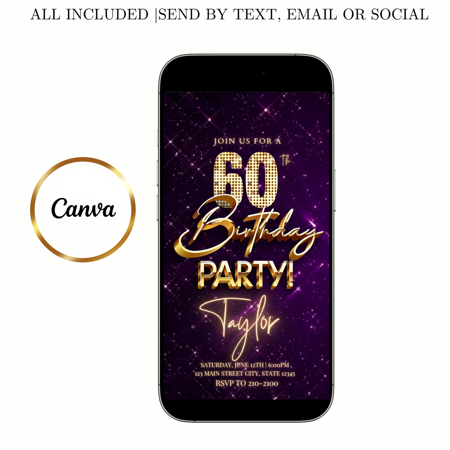 Editable purple gold sparkle 60th birthday birthday video invitation displayed on a mobile phone, featuring an animated vertical digital invite with music, created in Canva. This premium video invitation template is designed for sharing by text, email, and social media and works with an interactive RSVP website for easy guest response tracking.
