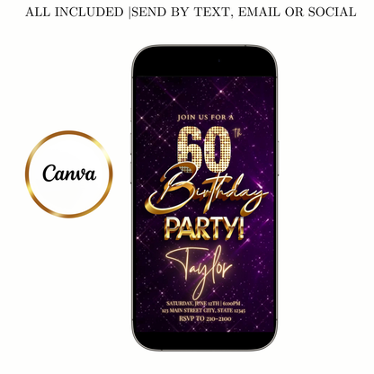 Editable purple gold sparkle 60th birthday birthday video invitation displayed on a mobile phone, featuring an animated vertical digital invite with music, created in Canva. This premium video invitation template is designed for sharing by text, email, and social media and works with an interactive RSVP website for easy guest response tracking.