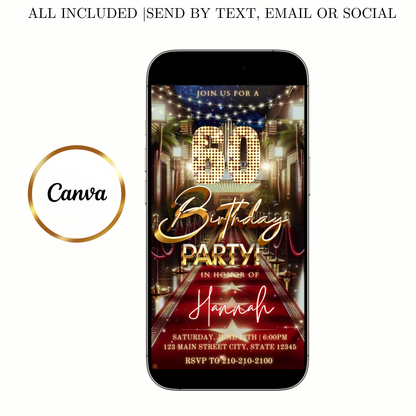 Editable hollywood red carpet 60th birthday birthday video invitation displayed on a mobile phone, featuring an animated vertical digital invite with music, created in Canva. This premium video invitation template is designed for sharing by text, email, and social media and works with an interactive RSVP website for easy guest response tracking.