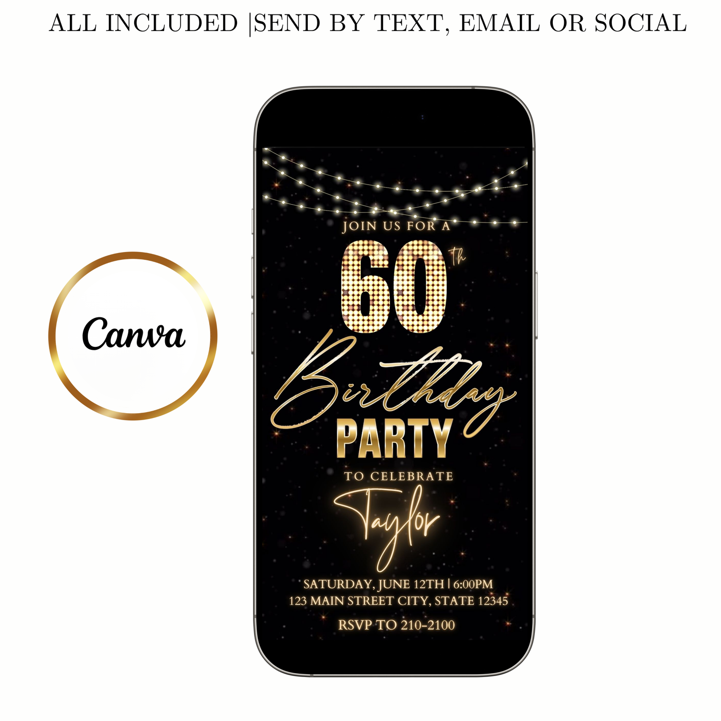 Editable black gold starry 60th birthday birthday video invitation displayed on a mobile phone, featuring an animated vertical digital invite with music, created in Canva. This premium video invitation template is designed for sharing by text, email, and social media and works with an interactive RSVP website for easy guest response tracking.