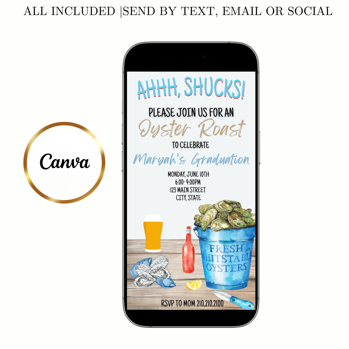 Editable oyster roast graduation party graduation video invitation displayed on a mobile phone, featuring an animated vertical digital invite with music, created in Canva. This premium video invitation template is designed for sharing by text, email, and social media and works with an interactive RSVP website for easy guest response tracking.