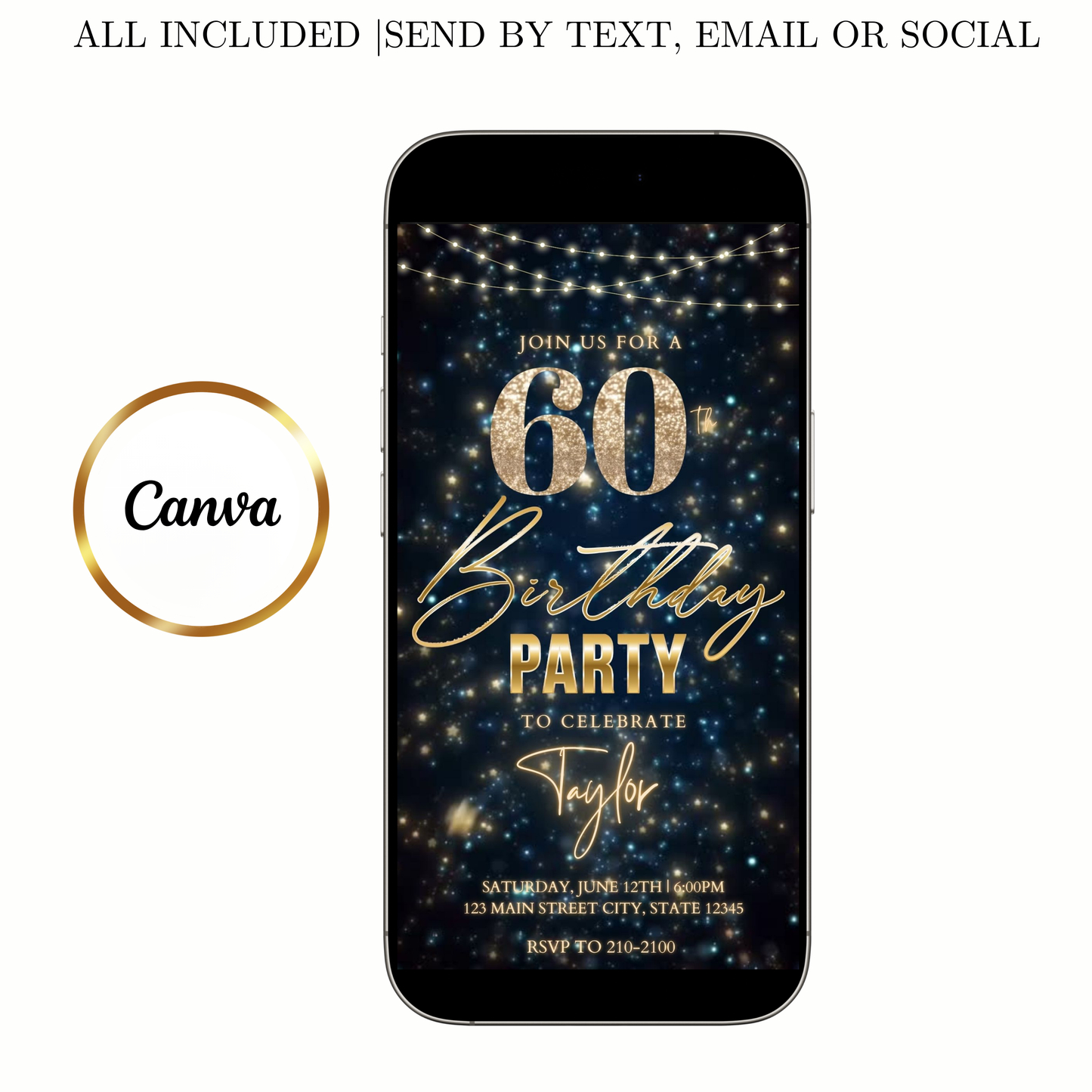 Editable teal gold sparkle 60th birthday birthday video invitation displayed on a mobile phone, featuring an animated vertical digital invite with music, created in Canva. This premium video invitation template is designed for sharing by text, email, and social media and works with an interactive RSVP website for easy guest response tracking.