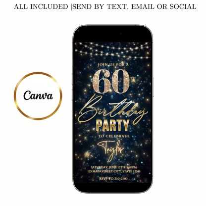 Editable teal gold sparkle 60th birthday birthday video invitation displayed on a mobile phone, featuring an animated vertical digital invite with music, created in Canva. This premium video invitation template is designed for sharing by text, email, and social media and works with an interactive RSVP website for easy guest response tracking.
