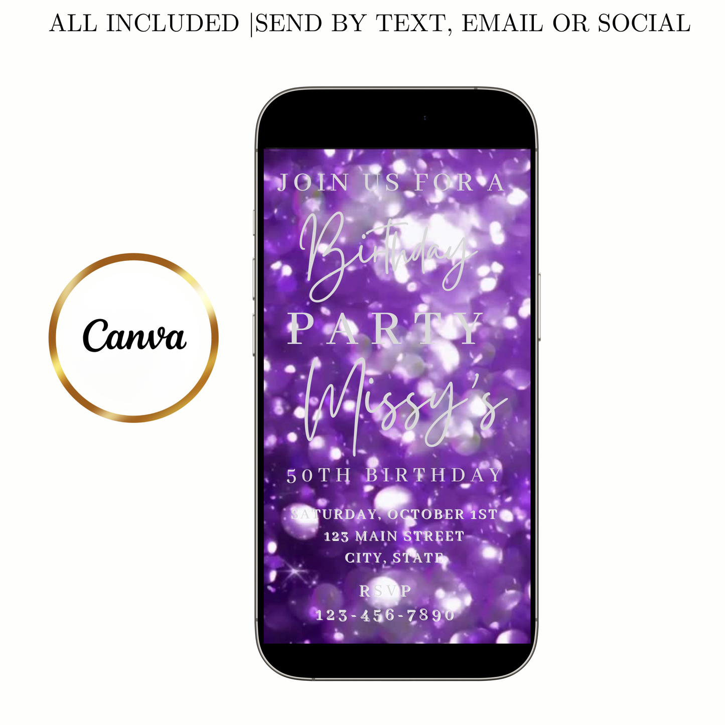 Editable purple bokeh 50th birthday birthday video invitation displayed on a mobile phone, featuring an animated vertical digital invite with music, created in Canva. This premium video invitation template is designed for sharing by text, email, and social media and works with an interactive RSVP website for easy guest response tracking.