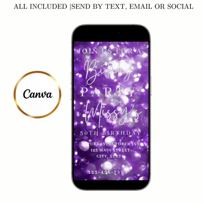 Editable purple bokeh 50th birthday birthday video invitation displayed on a mobile phone, featuring an animated vertical digital invite with music, created in Canva. This premium video invitation template is designed for sharing by text, email, and social media and works with an interactive RSVP website for easy guest response tracking.