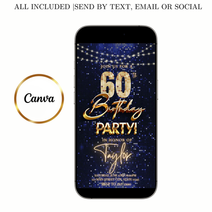 Editable navy sequin gold 60th birthday birthday video invitation displayed on a mobile phone, featuring an animated vertical digital invite with music, created in Canva. This premium video invitation template is designed for sharing by text, email, and social media and works with an interactive RSVP website for easy guest response tracking.