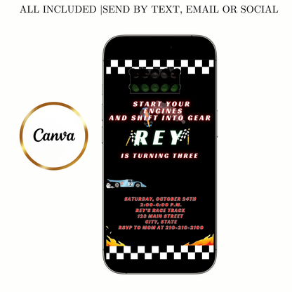 Editable race car birthday birthday video invitation displayed on a mobile phone, featuring an animated vertical digital invite with music, created in Canva. This premium video invitation template is designed for sharing by text, email, and social media and works with an interactive RSVP website for easy guest response tracking.
