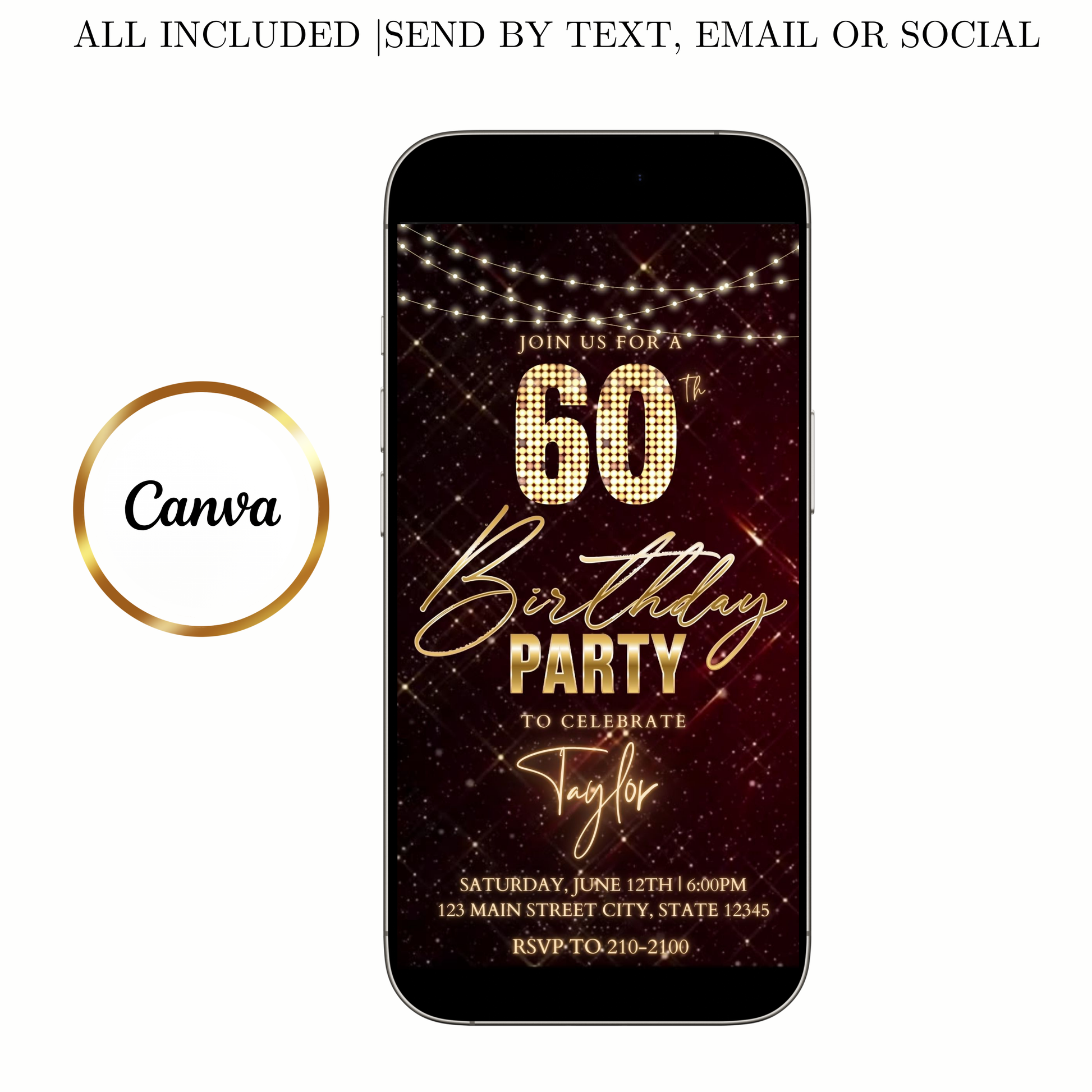 Editable maroon gold sparkle 60th birthday birthday video invitation displayed on a mobile phone, featuring an animated vertical digital invite with music, created in Canva. This premium video invitation template is designed for sharing by text, email, and social media and works with an interactive RSVP website for easy guest response tracking.