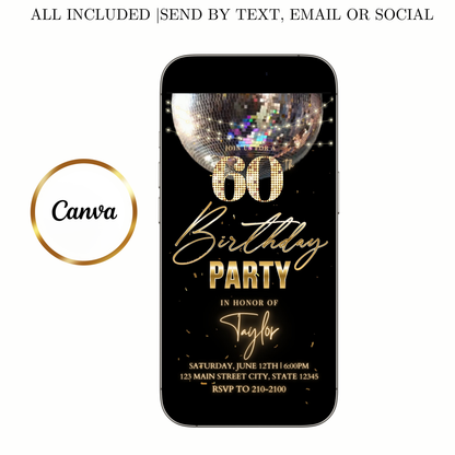 Editable black gold disco 60th birthday birthday video invitation displayed on a mobile phone, featuring an animated vertical digital invite with music, created in Canva. This premium video invitation template is designed for sharing by text, email, and social media and works with an interactive RSVP website for easy guest response tracking.