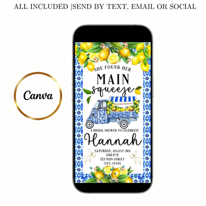 Editable amalfi lemon bridal shower bridal shower video invitation displayed on a mobile phone, featuring an animated vertical digital invite with music, created in Canva. This premium video invitation template is designed for sharing by text, email, and social media and works with an interactive RSVP website for easy guest response tracking.