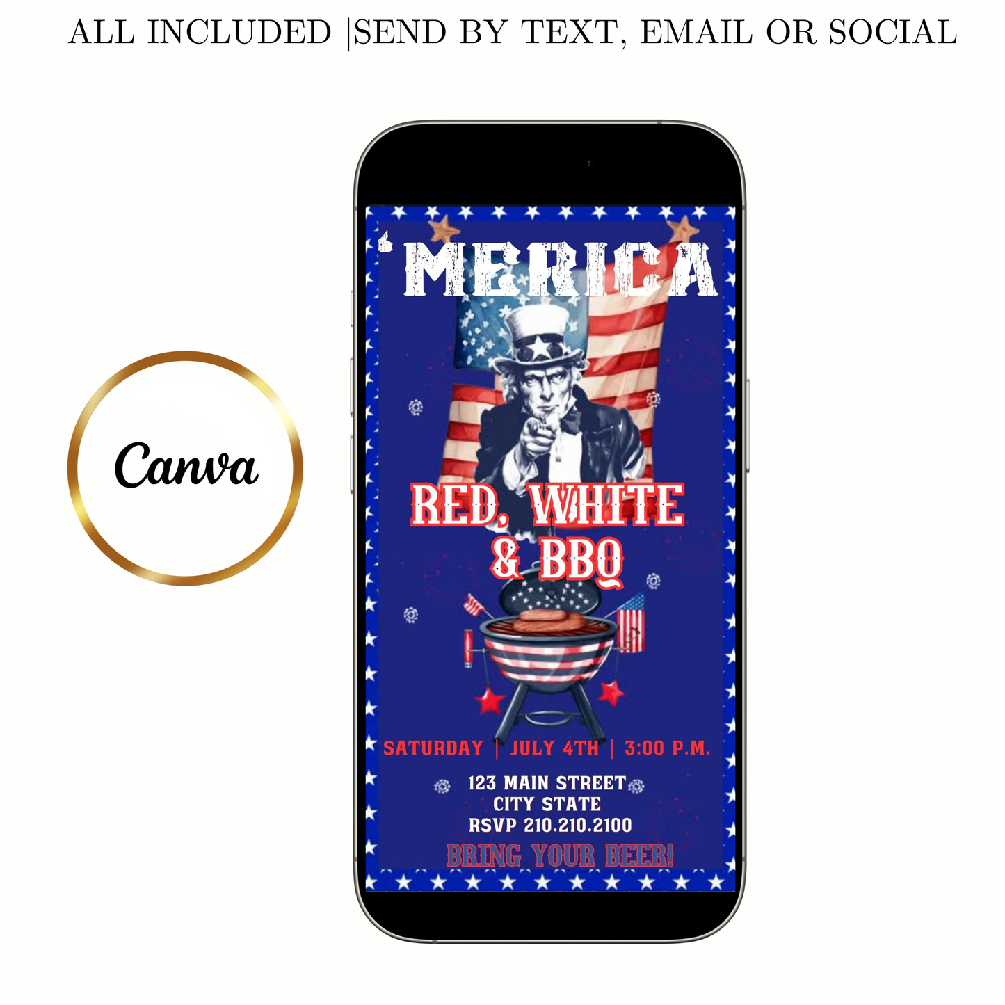 Editable red white blue bbq party party video invitation displayed on a mobile phone, featuring an animated vertical digital invite with music, created in Canva. This premium video invitation template is designed for sharing by text, email, and social media and works with an interactive RSVP website for easy guest response tracking.