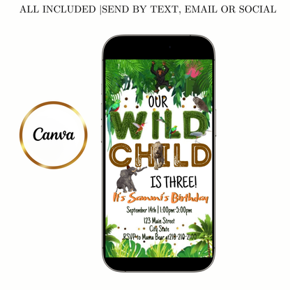 Editable wild jungle birthday birthday video invitation displayed on a mobile phone, featuring an animated vertical digital invite with music, created in Canva. This premium video invitation template is designed for sharing by text, email, and social media and works with an interactive RSVP website for easy guest response tracking.