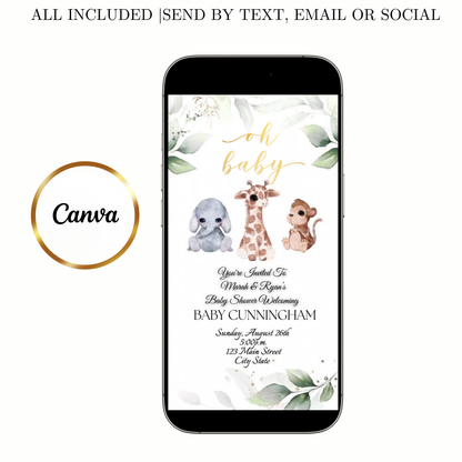 Editable safari baby shower baby shower video invitation displayed on a mobile phone, featuring an animated vertical digital invite with music, created in Canva. This premium video invitation template is designed for sharing by text, email, and social media and works with an interactive RSVP website for easy guest response tracking.