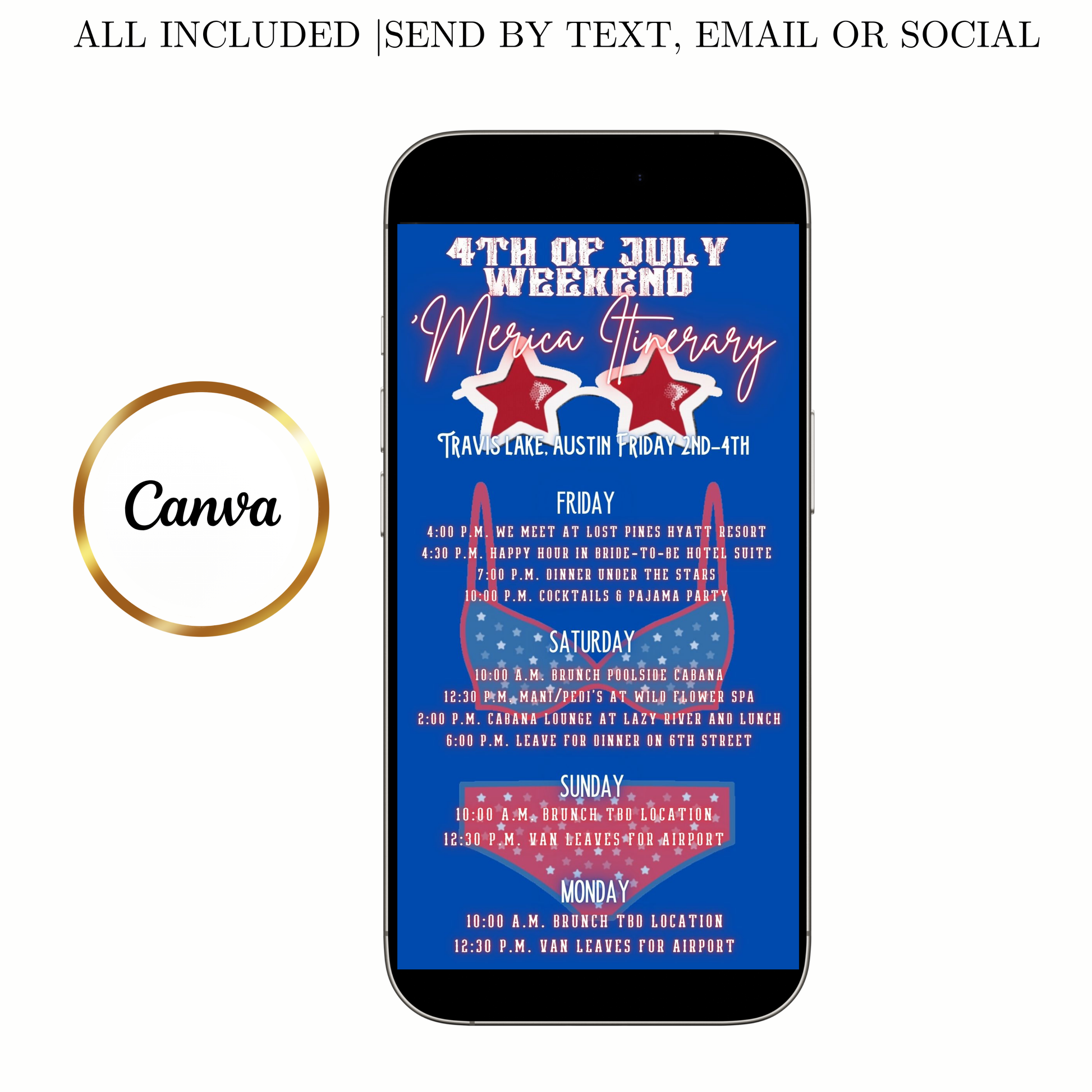Editable patriotic 4th of july weekend party party video invitation displayed on a mobile phone, featuring an animated vertical digital invite with music, created in Canva. This premium video invitation template is designed for sharing by text, email, and social media and works with an interactive RSVP website for easy guest response tracking.