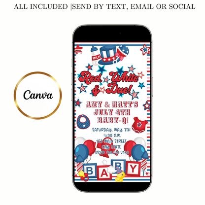 Editable red white blue 4th of july baby shower baby shower video invitation displayed on a mobile phone, featuring an animated vertical digital invite with music, created in Canva. This premium video invitation template is designed for sharing by text, email, and social media and works with an interactive RSVP website for easy guest response tracking.