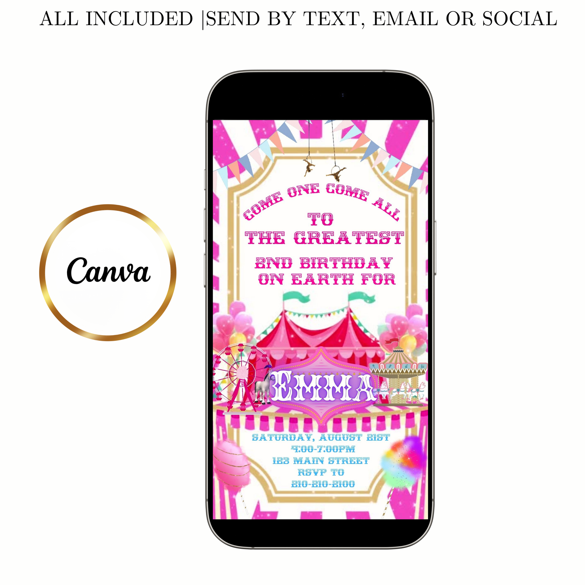 Editable pink circus 2nd birthday birthday video invitation displayed on a mobile phone, featuring an animated vertical digital invite with music, created in Canva. This premium video invitation template is designed for sharing by text, email, and social media and works with an interactive RSVP website for easy guest response tracking.