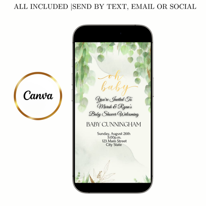 Editable greenery baby shower baby shower video invitation displayed on a mobile phone, featuring an animated vertical digital invite with music, created in Canva. This premium video invitation template is designed for sharing by text, email, and social media and works with an interactive RSVP website for easy guest response tracking.