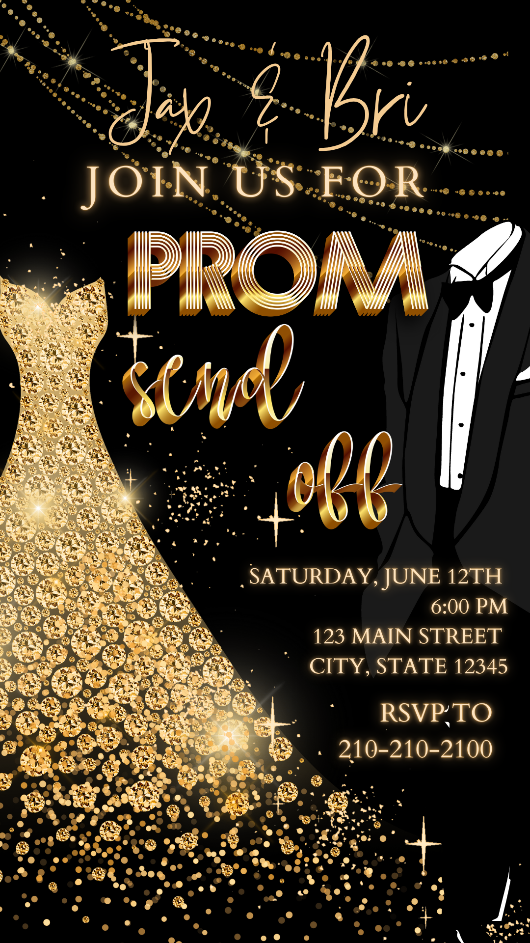Editable black gold elegant prom send off video invitation displayed on a mobile phone, featuring an animated vertical digital invite with music, created in Canva. This premium video invitation template is designed for sharing by text, email, and social media and works with an interactive RSVP website for easy guest response tracking.