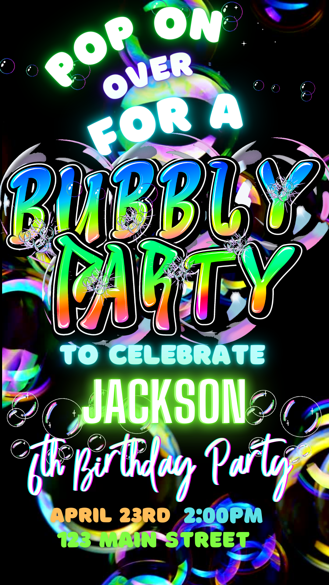 Editable colorful bubble kids birthday party video invitation displayed on a mobile phone, featuring an animated vertical digital invite with music, created in Canva. This premium video invitation template is designed for sharing by text, email, and social media and works with an interactive RSVP website for easy guest response tracking.