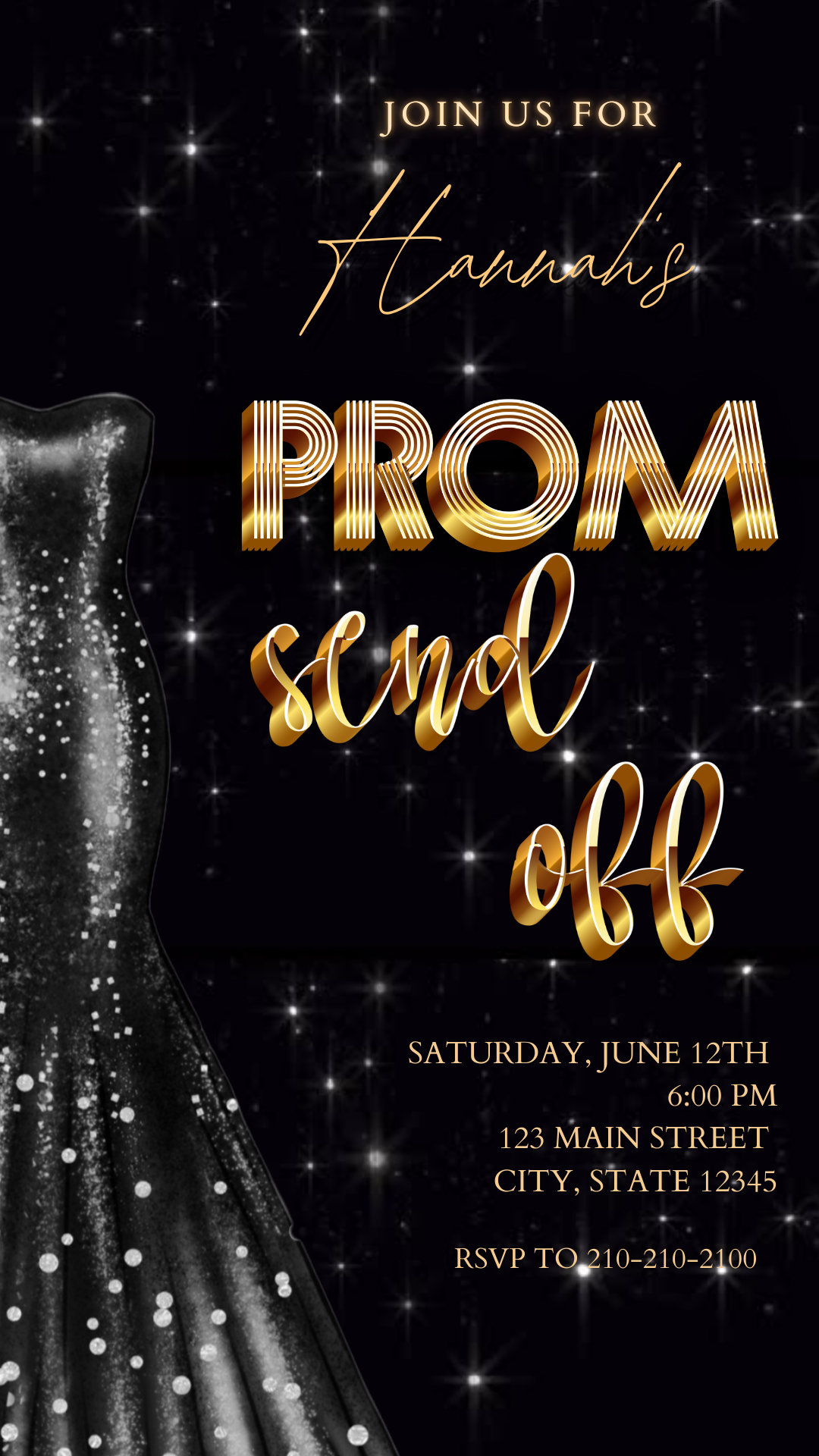 Editable black gold prom send off video invitation displayed on a mobile phone, featuring an animated vertical digital invite with music, created in Canva. This premium video invitation template is designed for sharing by text, email, and social media and works with an interactive RSVP website for easy guest response tracking.