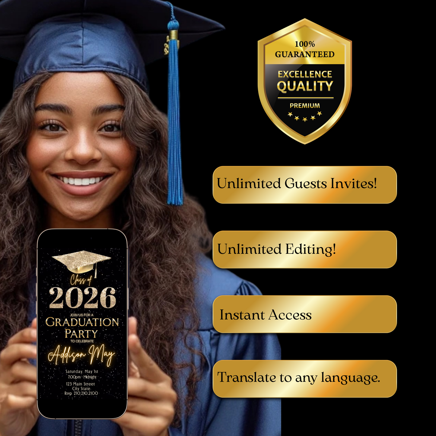 Graduation Party Video Invitation | Black and Gold Graduation RSVP Invite | Editable Online RSVP Evite Canva Template