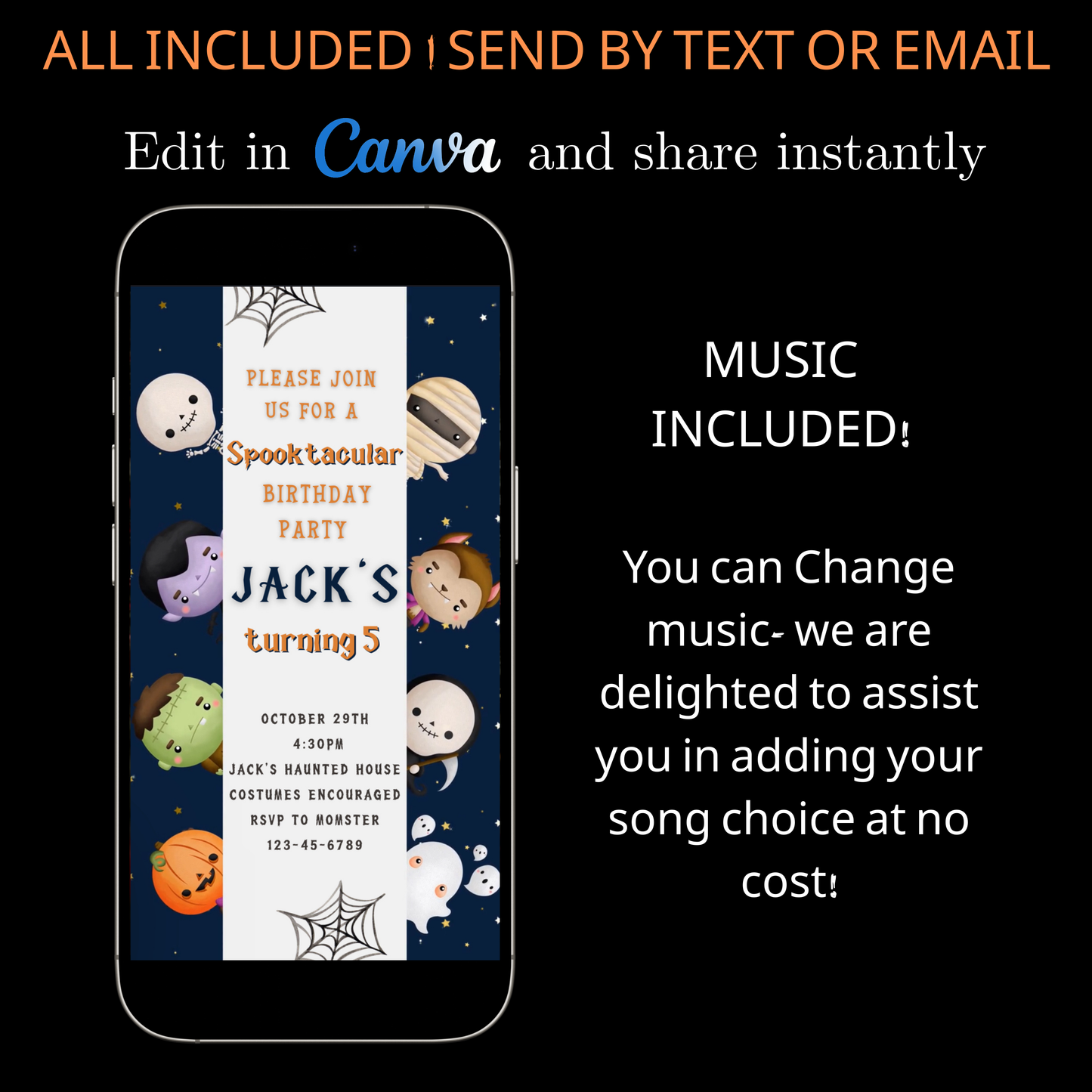 Halloween-Videoeinladung, animierte Einladung „Kleine Monster“, bearbeitbare mobile Halloween-Party-Einladung