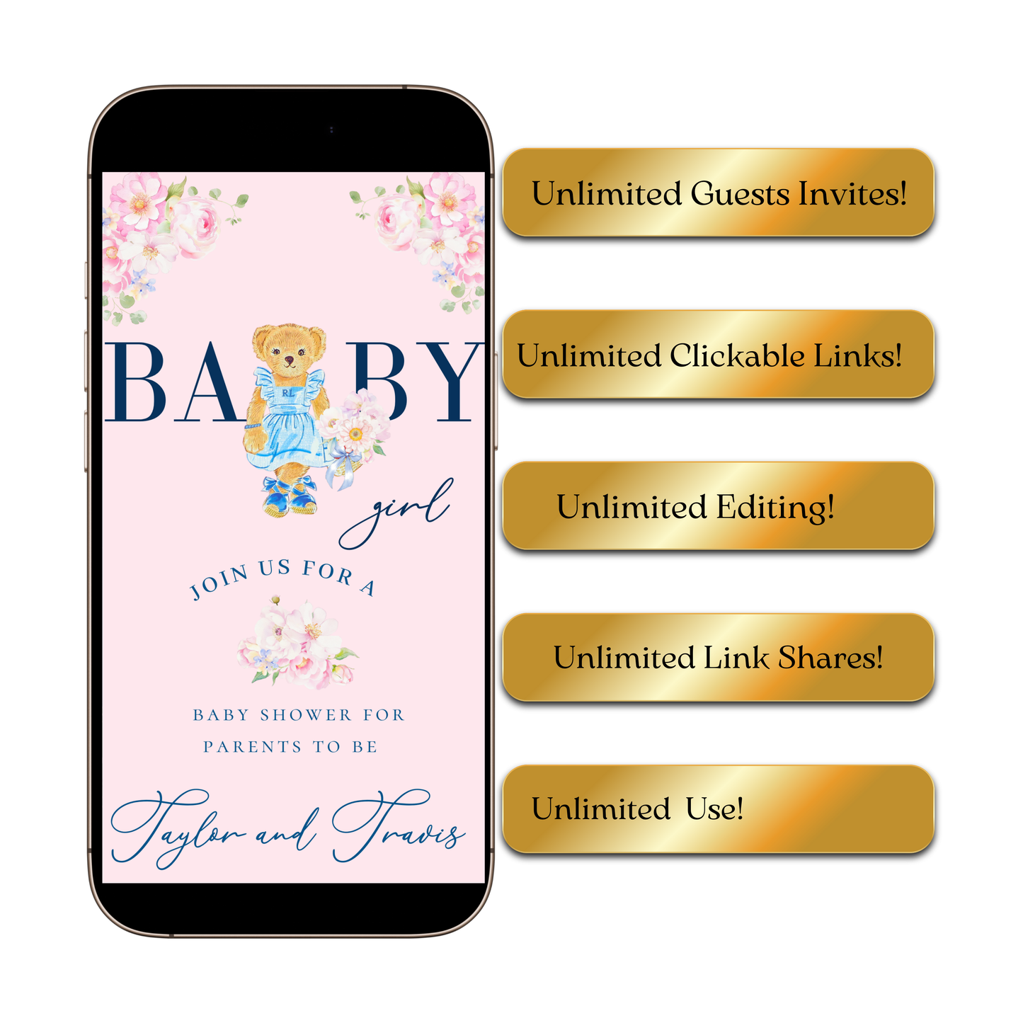 Video-Einladung mit rosa Polobär | Digitale, elegante Frühlingseinladung in Rosa | Bearbeitbare Canva-Vorlage