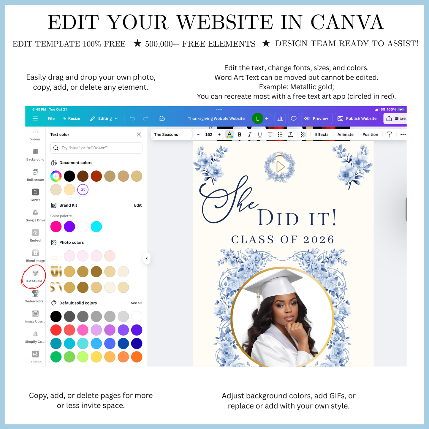 Einladung zur Abschlussfeier 2026 | Canva-Vorlage für Antwortmöglichkeit mit Musik | Blaues Blumenmuster für sie