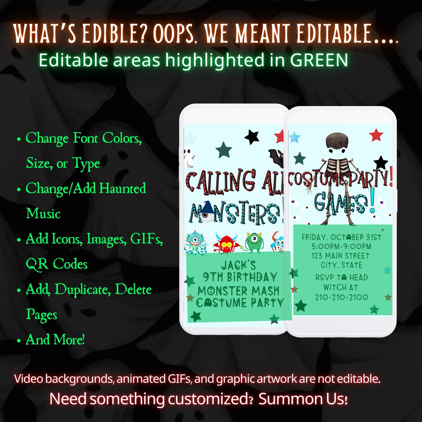 Halloween-Videoeinladung, animierte Monster-Mash-Einladung, bearbeitbare mobile Halloween-Party-Einladung