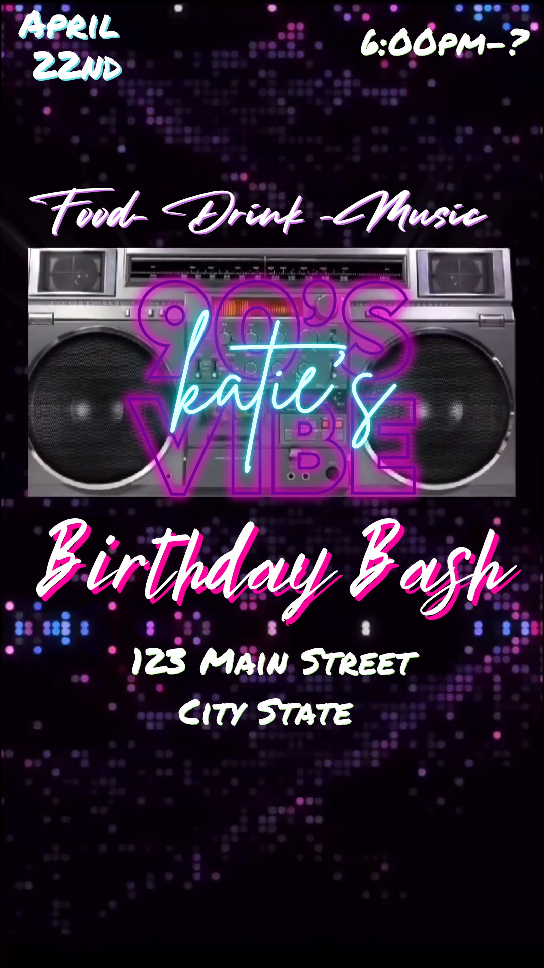 Boombox neon video invitation for throwback party