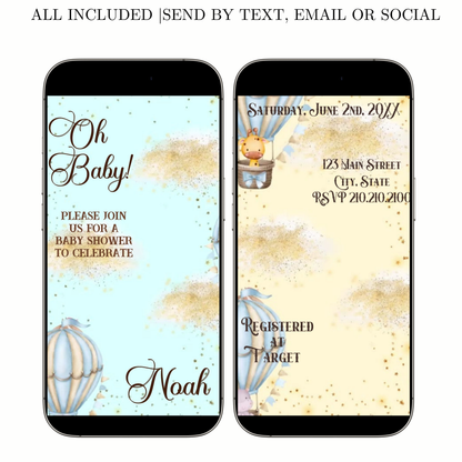 Editable blue hot air balloon boy baby shower baby shower video invitation displayed on a mobile phone, featuring an animated vertical digital invite with music, created in Canva. This premium video invitation template is designed for sharing by text, email, and social media and works with an interactive RSVP website for easy guest response tracking.