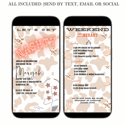 Editable cowgirl nashville bachelorette party party video invitation displayed on a mobile phone, featuring an animated vertical digital invite with music, created in Canva. This premium video invitation template is designed for sharing by text, email, and social media and works with an interactive RSVP website for easy guest response tracking.