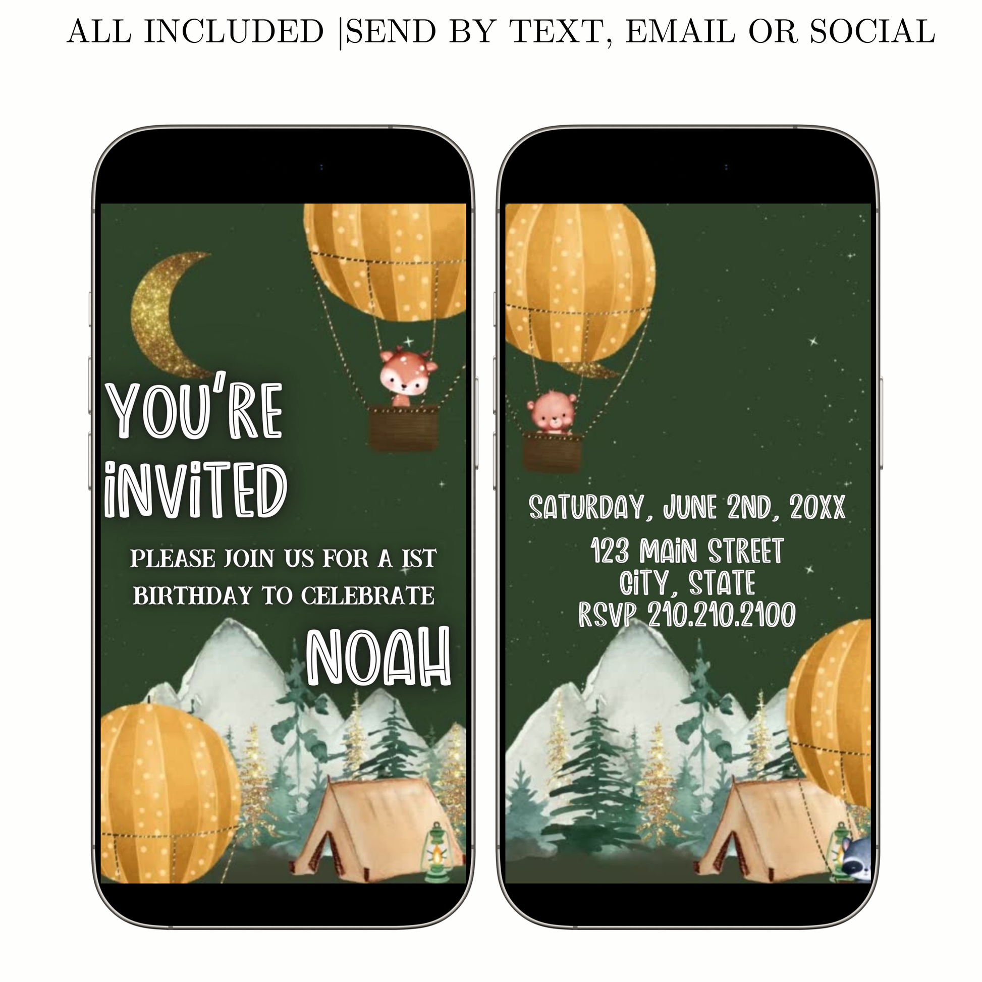 Editable woodland camping 1st birthday birthday video invitation displayed on a mobile phone, featuring an animated vertical digital invite with music, created in Canva. This premium video invitation template is designed for sharing by text, email, and social media and works with an interactive RSVP website for easy guest response tracking.