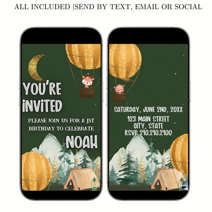 Editable woodland camping 1st birthday birthday video invitation displayed on a mobile phone, featuring an animated vertical digital invite with music, created in Canva. This premium video invitation template is designed for sharing by text, email, and social media and works with an interactive RSVP website for easy guest response tracking.