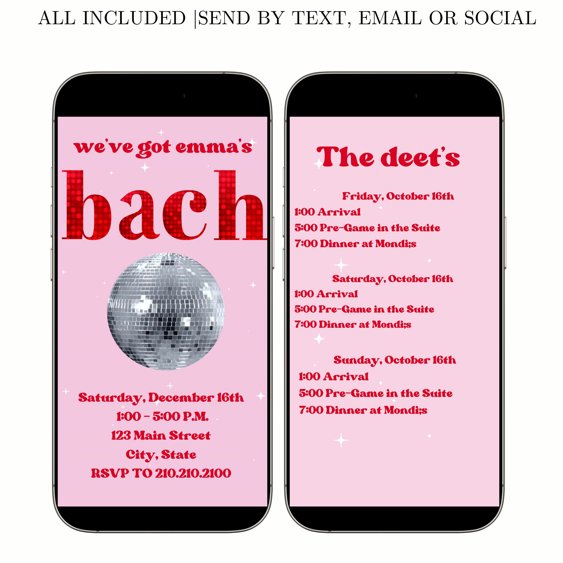 Editable disco bachelorette party party video invitation displayed on a mobile phone, featuring an animated vertical digital invite with music, created in Canva. This premium video invitation template is designed for sharing by text, email, and social media and works with an interactive RSVP website for easy guest response tracking.