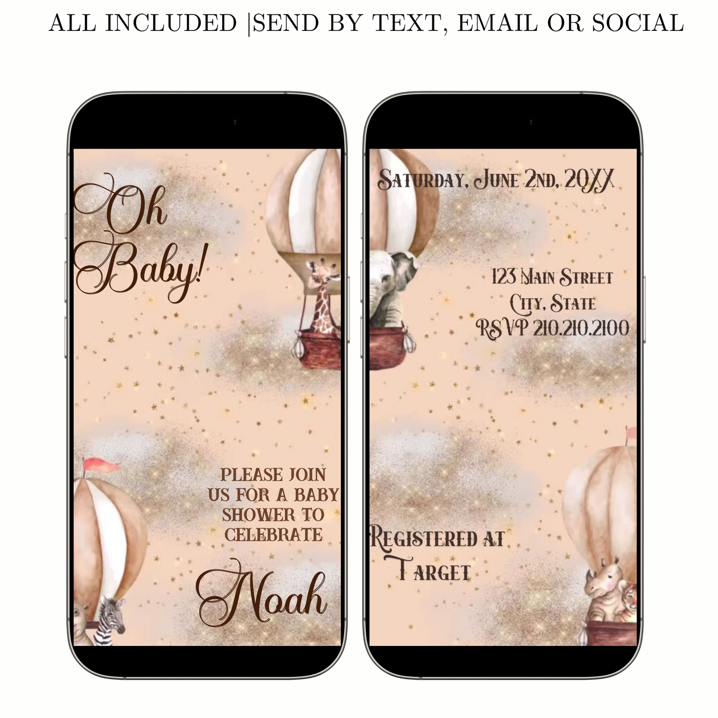 Editable noah’s ark baby shower baby shower video invitation displayed on a mobile phone, featuring an animated vertical digital invite with music, created in Canva. This premium video invitation template is designed for sharing by text, email, and social media and works with an interactive RSVP website for easy guest response tracking.