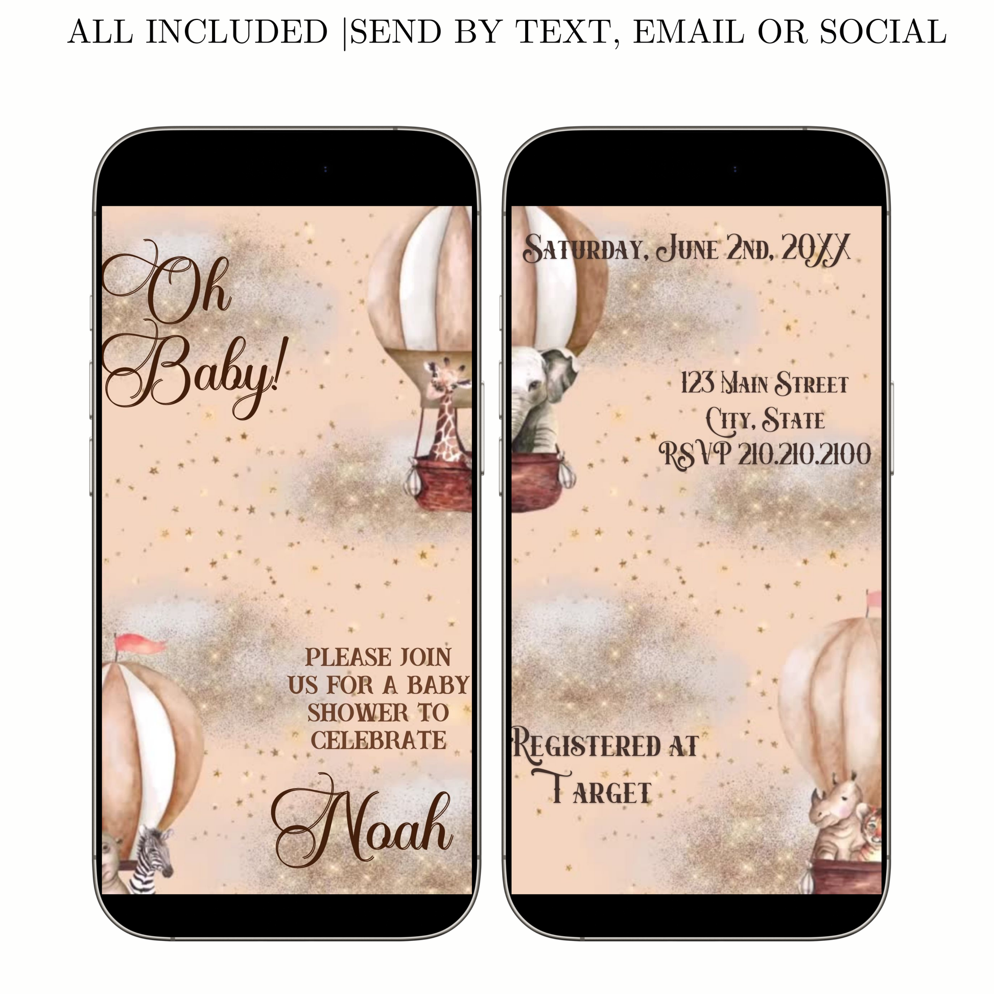 Editable noah’s ark baby shower baby shower video invitation displayed on a mobile phone, featuring an animated vertical digital invite with music, created in Canva. This premium video invitation template is designed for sharing by text, email, and social media and works with an interactive RSVP website for easy guest response tracking.