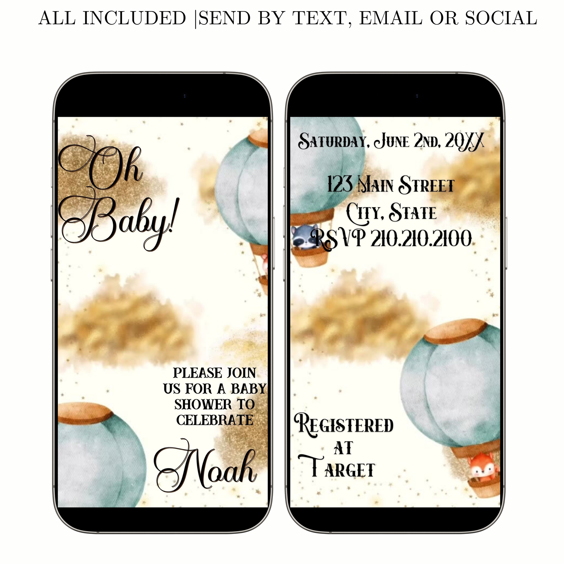 Editable woodland hot air balloon baby shower baby shower video invitation displayed on a mobile phone, featuring an animated vertical digital invite with music, created in Canva. This premium video invitation template is designed for sharing by text, email, and social media and works with an interactive RSVP website for easy guest response tracking.